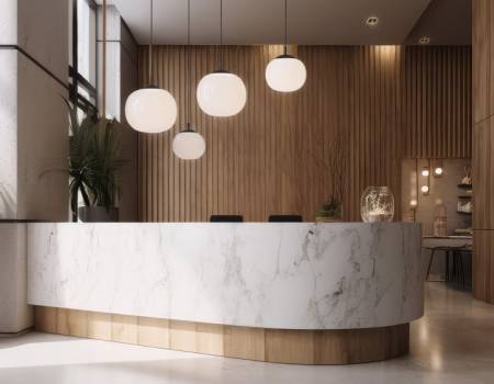 Contemporary Reception Counter Design. Stylish and Functional Lobby Area with Modern Interior in White and Wood. AI Generative